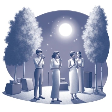 A group of singers is performing outdoors under the night sky. The scene is illuminated by soft moonlight, casting gentle shadows on the performers. The singers are positioned in a semi-circle, each holding a microphone and dressed in elegant attire. Surrounding them are tall trees with leaves rustling slightly in the night breeze. In the background, a few scattered stars twinkle against the dark sky, adding to the ambiance of the outdoor performance. The ground is covered in grass, and there are subtle hints of a nearby stage setup, with speakers and a small setup for musical instruments.