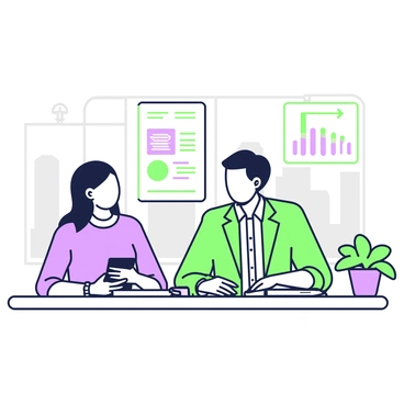 A financial advisor is seated at a modern desk, explaining investment options to a young couple. The advisor is wearing a professional outfit, consisting of a blazer and a button-up shirt, with a notebook open in front of him. The couple appears attentive, with the young woman taking notes on a tablet while the young man is leaning forward, showing interest. On the desk, there are documents outlining various investment plans, with charts and figures visible. A potted plant is positioned in the corner of the office, and a window in the background shows a view of the city skyline.