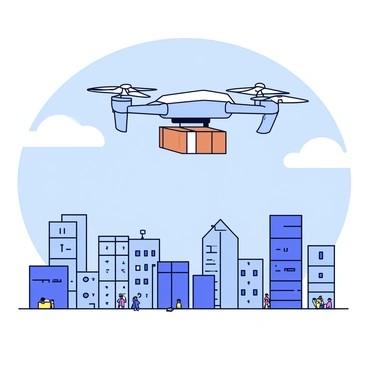 A delivery drone with a sleek, rectangular body is flying above a city landscape. It has four propellers that are buzzing as they rotate. The drone is carrying a small, brown package secured underneath it with a white strap. Below, a view of various buildings is visible, including tall skyscrapers and smaller residential structures. The sky is clear with a few clouds, and the city appears lively with tiny figures moving along the streets.