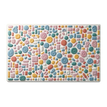 A large wall covered in a detailed mosaic made entirely of various pills. The mosaic features a vibrant array of colors, including reds, blues, yellows, and greens, with pills of different shapes and sizes intricately fitted together to create a stunning pattern. The design showcases abstract shapes and swirling forms, with a focus on smooth surfaces and glossy finishes of the pills. The background wall is a simple, neutral color to accentuate the vividness of the mosaic. The overall composition draws the viewer's attention to the unique texture and the meticulous arrangement of the pills.