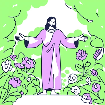 A figure of Jesus is standing with open arms in the center of a lively garden. He is wearing a flowing robe and has a gentle expression on his face. Surrounding him are various flowers in full bloom, showcasing a variety of shapes and sizes. Green foliage frames the scene, with vibrant colors of the flowers contrasting against the greenery. The sunlight filters through the leaves, casting soft shadows on the ground. In the background, a pathway winds through the garden, inviting viewers to approach.