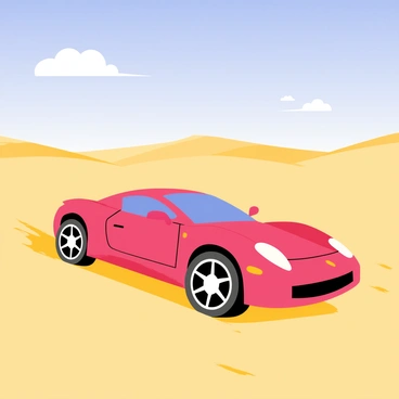 A luxurious sports car in a vibrant red color is driving over the golden desert sands. The car features sleek curves and an aerodynamic design, with shiny chrome wheels kicking up a small cloud of sand behind it. In the background, there are distant sand dunes that rise and fall, creating a wavy horizon. The sky is a bright blue with a few fluffy white clouds scattered across. The scene captures the essence of speed and adventure in an expansive desert landscape.