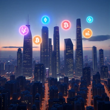 A futuristic city skyline featuring tall skyscrapers with sleek, modern designs and illuminated facades. In the sky above, various cryptocurrency symbols are depicted, such as "BTC" for Bitcoin, "ETH" for Ethereum, and "LTC" for Litecoin. The symbols appear to be floating in mid-air, glowing with vibrant neon colors. The city's atmosphere is filled with glowing lights and digital screens, emphasizing its advanced technology. The scene is set during twilight, providing a contrast between the darkening sky and the brightly lit city below.
