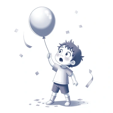 A surprised child staring at a balloon that just popped, surrounded by colorful confetti.