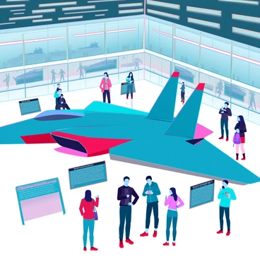 An F5 jet is prominently displayed in the center of an aviation museum. The jet features a sleek, angular design with distinct jet wings and a vibrant paint scheme, showcasing its military heritage. Surrounding the aircraft are multiple informational plaques with detailed descriptions about its specifications and history. A diverse group of visitors, including families and aviation enthusiasts, can be seen admiring the jet and reading the plaques. Some are taking photographs, while others are engaged in conversations, creating a lively atmosphere in the museum. The interior of the museum has high ceilings with bright lights illuminating the jet and the surrounding exhibits.
