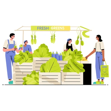 A vibrant market stall filled with an assortment of fresh green vegetables and herbs. The stall features crates overflowing with leafy kale, crisp lettuce, and bright green cucumbers. Bunches of fragrant basil and parsley are tied together and displayed prominently. A bright sign reads "Fresh Greens" in bold letters. The scene is lively, with customers examining the produce and exchanging cheerful conversation with the vendor.