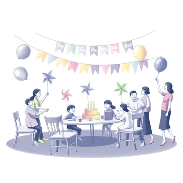 A festive scene depicting a birthday party. The area is adorned with numerous colorful pinwheels arranged meticulously on tables and grass, spinning gently in the breeze. Balloons of various shapes and sizes float above, some tied to chairs while others are released into the sky. A large table is set with a celebratory cake surrounded by plates and cups, alongside a vibrant banner reading "Happy Birthday" hung prominently in the background. Guests of all ages are gathered, sharing laughter and smiles as they interact and enjoy the celebration.