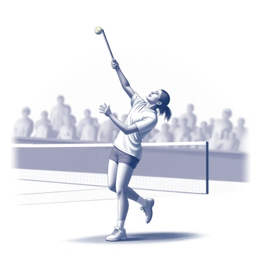 A tennis player in mid-action, preparing to serve. The player is positioned on a grassy court, with one foot forward in a dynamic stance. Their arm is raised high, showcasing the powerful movement of the elbow during the swing. The racket is held firmly in one hand, while the other hand is in the process of tossing the ball into the air. The player is wearing a sports outfit, and their facial expression reflects concentration and focus. The background shows a blurred image of a tennis net and audience, emphasizing the intensity of the moment.