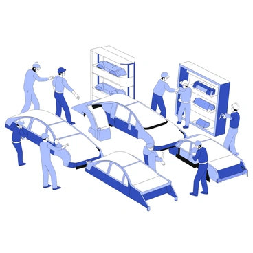 A group of workers is positioned along an assembly line, focused on installing parts into car bodies. Each worker is wearing safety gear, including helmets and gloves. The assembly line features several car bodies in various stages of completion. Some workers are using tools to secure components, while others are checking measurements or passing parts to one another. Shelving units with additional car parts are visible in the background, and the setting has an industrial feel with overhead lighting illuminating the workspace.