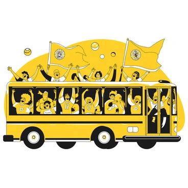A crowded bus filled with excited sports fans. The fans are wearing yellow jerseys with various team logos and numbers. Some fans are holding large flags with the team's emblem, waving them enthusiastically in the air. The bus windows are filled with faces showing excitement, cheers, and smiles. A few fans have their arms raised, expressing joy and support for their team, while others are interacting, chatting, and laughing together. The atmosphere is vibrant and full of energy.