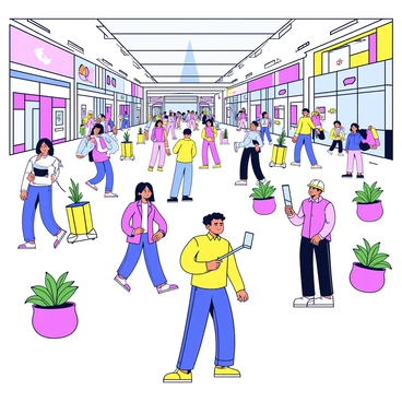 A bustling mall filled with shoppers walking and enjoying the day. Various shops line the spacious atrium, showcasing bright storefronts and colorful displays. In one area, there are visible construction zones with barriers and workers wearing safety helmets and vests. These areas have equipment like cranes and scaffolding set up, indicating expansion to add new shops. Bright overhead lights illuminate the scene, and there are decorative planters with green plants placed throughout the mall.
