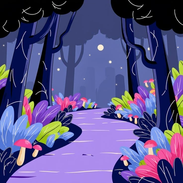 A winding path stretches through an exotic alien forest. The path is lined with vibrant, glowing plants in various colors, including bright blues, deep purples, and luminous greens. Tall trees with twisting trunks and oversized leaves arch over the path, creating an enchanting canopy. Soft, bioluminescent mushrooms emit a gentle light from the forest floor. In the background, strange, floating orbs of light drift lazily among the branches, adding to the otherworldly atmosphere. The scene invites exploration and curiosity, filled with unique forms of flora that seem to pulse with life.