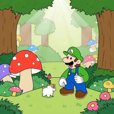 A character resembling "Luigi" is exploring a vibrant magical forest. He is wearing a green cap and blue overalls, with a big smile on his face. The forest is filled with oversized, colorful mushrooms in shades of red, blue, yellow, and purple, scattered throughout the lush greenery. There are friendly creatures, such as small, cartoonish animals with big eyes, peeking out from behind the mushrooms and tree trunks. Sunlight streams through the canopy of leaves above, creating dappled light patterns on the forest floor, which is covered in soft grass and vibrant flowers. Luigi is crouching down, looking curiously at a tiny, fluffy creature with bright colors, while a butterfly flutters nearby.