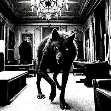 A werewolf with shaggy fur and sharp claws is cautiously walking through a grand, yet eerie, haunted mansion. The creature's eyes are bright, scanning the dark corners of the room. The mansion features tall, intricately designed ceilings with cobwebs hanging from the chandeliers. Dark wooden furniture is scattered throughout, including a large dusty table and a tall, ornate mirror reflecting the werewolf's menacing silhouette. Faded portraits of long-gone ancestors adorn the walls, their eyes seemingly following the werewolf as it moves cautiously. Shadows cast by flickering candlelight create a haunting atmosphere in the expansive space.