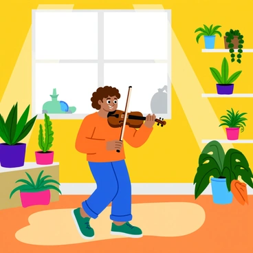 A young child with curly brown hair is playing a small violin in a sunlit room. Bright rays of sunlight stream through a large window, casting warm light across the scene. The child is focused, holding the violin under their chin with one hand while drawing the bow across the strings with the other. The room is filled with various green plants in pots, some with large leaves, and others cascading down from shelves. There is a wooden floor that reflects the light, adding a warm glow to the atmosphere. In the background, a colorful wall adds a cheerful touch to the setting.