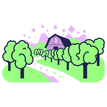 A vineyard scene is set during dusk, with rows of grapevines stretching across the landscape. The vines are thick and green, their leaves rustling slightly in a gentle breeze. Long shadows are cast across the ground as the sun sets. In the background, a rustic wooden barn is partially visible, surrounded by the lush greenery of the vineyard. Above, the sky transitions from light to darker shades as stars begin to emerge. A dirt path winds through the vineyard, leading towards the barn.