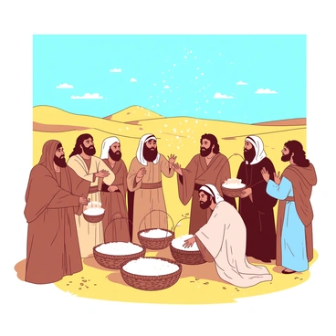A group of Israelites is gathered in a golden desert landscape, their faces filled with wonder as they collect "manna" that is falling from the sky. The manna appears as small, white flakes gently floating down like snow. Some Israelites are holding woven baskets, while others are using their hands to catch the falling food. In the background, there are distant sand dunes under a bright blue sky. The sun casts warm light over the scene, emphasizing the golden tones of the desert ground.