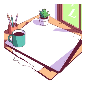 An illustration board is placed on a wooden table, with light coming from a nearby window. The surface of the board is white and slightly textured. Various objects, including a teal coffee mug, a set of colored pencils in an orange holder, and a small green plant in a white pot, are positioned around the board. Shadows from these objects are cast onto the illustration board, depicting their shapes and forms clearly. The overall scene is well-lit, creating a contrast between the illuminated board and the shadows.