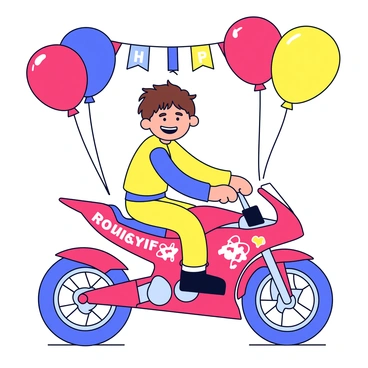 A child with short brown hair is smiling brightly while sitting on a shiny red sports bike. The bike has sleek lines and features racing decals on its frame. Around the child, there are colorful balloons in various shapes and sizes, including red, blue, and yellow. The balloons are floating in the air, adding a festive atmosphere to the scene. In the background, there is a hint of a cheerful birthday banner.