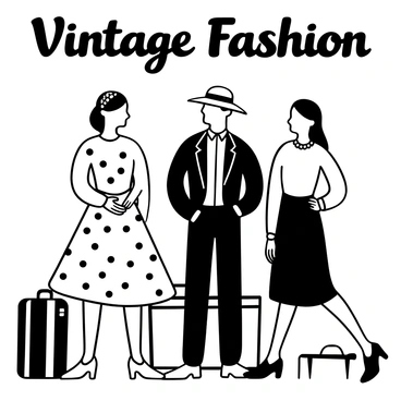A group of three models standing together, each dressed in distinct 1950s-style clothing. The first model wears a fitted polka-dot dress with a flared skirt and a matching headband, holding a small clutch. The second model is in a tailored suit with a wide-brimmed hat and stylish loafers. The third model sports a flowing swing dress with a cinched waist and pearl accessories. They are posed against a backdrop of vintage suitcases and a retro car, enhancing the classic fashion theme. The words "Vintage Fashion" are displayed prominently above the scene.