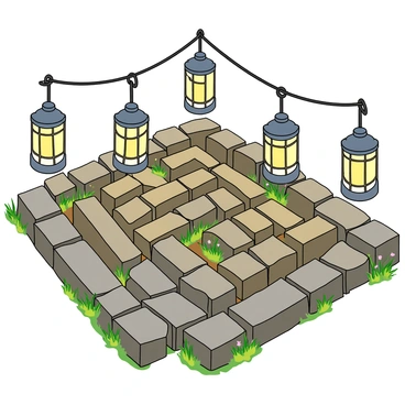 A quaint cobblestone maze with pathways winding in various directions. The cobblestones are uneven and textured, showcasing shades of grey and brown. Above the maze, several old-fashioned lanterns hang from wrought iron hooks, each glowing warmly with a yellow light. The lanterns are round with glass panels, casting a gentle glow on the cobblestones below. Along the maze, there are small patches of grass and wildflowers peeking through the stones, adding splashes of green and color. The atmosphere feels inviting and whimsical.