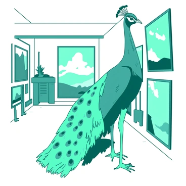 A teal sophisticated peacock mascot is standing upright in an art gallery. The peacock has a well-tailored outfit featuring elegant details. Its feathers are fanned out beautifully, showcasing a mix of iridescent colors. The peacock is gazing thoughtfully at a large painting on the wall, which depicts a vibrant landscape. Surrounding the peacock are various framed artworks in different styles, placed on both sides of the gallery space. The floor is polished, reflecting the bright lights above, creating an inviting atmosphere for art appreciation.