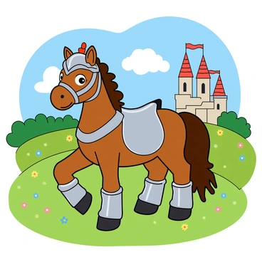 A cute horse with a shiny chestnut coat stands proudly in a fairytale setting. It is adorned in a shiny silver suit of armor that fits snugly around its body, complete with a gleaming helmet that has a colorful plume. The horse has large, expressive eyes and a gentle smile on its face. In the background, a vibrant green meadow stretches out, dotted with colorful wildflowers. A whimsical castle with tall towers and flags waves in the distance, under a bright blue sky with fluffy white clouds. The horse stands confidently on a grassy knoll, ready for an adventure.