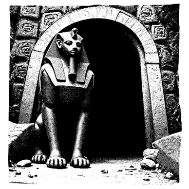 A robotic sphinx stands majestically at the entrance of an ancient, mechanical tomb. The sphinx has intricate metal patterns adorning its body, showcasing gears and cogs that hint at its mechanical nature. Its face is expressionless, with glowing eyes that convey a sense of vigilance. The tomb entrance is framed by weathered stone walls, engraved with faded hieroglyphs, and surrounded by vines that suggest a long-lost civilization. The ground is littered with broken stone and remnants of ancient machinery, adding to the atmosphere of mystery. Above, a rusted archway leads into darkness, inviting exploration into the tomb's secrets.