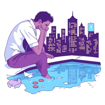 A man wearing tattered clothes is sitting on the edge of a shallow water pool. He has unkempt hair and a weary expression on his face as he gazes intently into the water. The pool reflects a vibrant cityscape, showcasing tall buildings and bright lights. The city is illuminated, casting a warm glow that contrasts with the man's worn appearance. Surrounding the pool are scattered coins and crumpled paper, hinting at his struggle. The scene captures a moment of contemplation amidst the bustling urban environment.