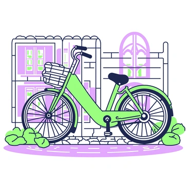 A vintage bicycle is leaning against a rustic wall made of weathered bricks and stones. The bicycle features a curved frame and a wicker basket attached to the front. The cobblestone street is visible, showcasing uneven stones in various sizes. Some greenery is growing in the cracks of the cobblestones, adding texture to the scene. In the background, there are hints of historic architecture, with ornate windows and balconies, creating a picturesque atmosphere. A soft light casts gentle shadows, enhancing the vintage feel of the setting.