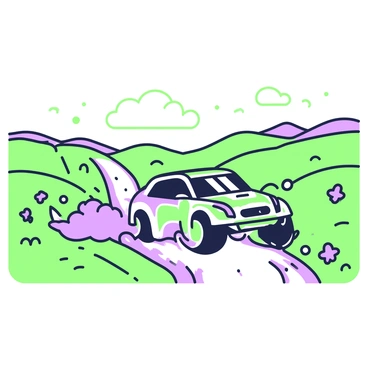 A rally car speeding through a muddy rural road surrounded by fields
