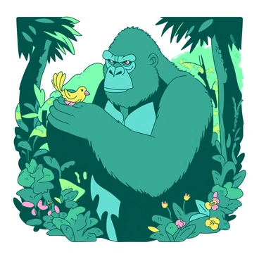 A teal King Kong is gently holding a tiny yellow bird in his massive hand. The jungle surrounding them is dense with large green leaves and tall trees, creating a vibrant, lively atmosphere. Sunlight filters through the foliage, casting soft shadows on the ground. The King Kong's expression is calm and tender as he carefully cradles the delicate bird, which looks comfortable and unafraid. Various tropical plants and colorful flowers can be seen in the background, adding to the jungle's rich environment.