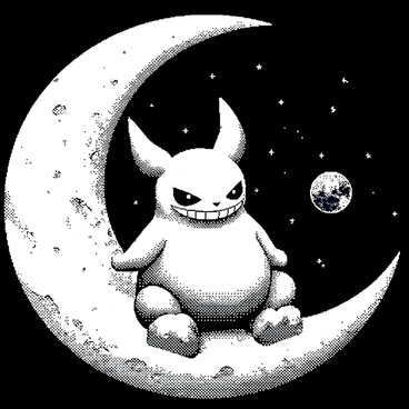 A Gengar, a ghost-like creature with a mischievous grin and pointed ears, is sitting comfortably on a large crescent moon. Its round body and stubby limbs are slightly illuminated by a soft light. The Gengar is gazing down at Earth, which appears in the distance as a small, vibrant sphere. The moon's surface is detailed with craters and textures, enhancing the scene. Stars are scattered across the dark sky, providing a backdrop for this enchanting moment.