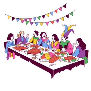 A jester sharing a meal with fellow performers at a long banquet table filled with food.