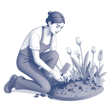 A gardener is kneeling in a flowerbed, carefully inspecting the soil. The gardener is wearing gloves and has a small trowel in one hand. The flowerbed is rich with green leaves and emerging buds, hinting at the first signs of blooms. Surrounding the gardener are various types of plants and flowers. The gardener's expression conveys focus and dedication as they nurture their garden.