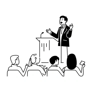 A preacher standing on stage, gesturing with both hands while passionately delivering a sermon. He is wearing a suit with a tie, and his expression is animated and engaging. In the foreground, a focused audience is seated, some taking notes and others leaning forward, captivated by the speech. The stage is set with a simple podium, and the audience's expressions are a mix of interest and contemplation.
