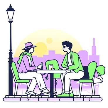 A Parisian cafe is illustrated during sunset. The cafe features round tables with green chairs arranged on a cobblestone sidewalk. In the foreground, a couple of fashionable patrons sit at one of the tables engaged in conversation. The woman has a stylish hat and a scarf, while the man wears a tailored jacket and sunglasses. Nearby, another group of patrons is enjoying drinks, with glasses placed on the table. In the background, the silhouette of a street lamp and the shape of buildings can be seen against the sunset sky, creating a cozy atmosphere.