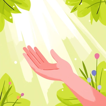 A hand gently cupping a soft, flowing breeze in a sunlit forest. Sunlight filters through the green leaves overhead, casting dappled shadows on the ground. The hand is positioned palm up, with delicate fingers slightly curled, as if cradling the invisible breeze. Small particles of dust and pollen are illuminated by the sunlight, shimmering in the air around the hand. The lush foliage surrounds the scene, with hints of colorful flowers peeking through the greenery.