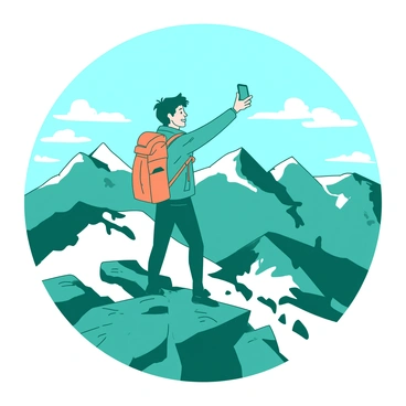 A teal cheerful hiker is standing triumphantly on a rocky mountain peak, holding a smartphone at arm's length to take a selfie. The hiker is wearing a bright orange backpack and a lightweight jacket that flutters slightly in the mountain breeze. Behind the hiker, there are expansive breathtaking views of distant mountains with a clear blue sky and wispy white clouds. The sun casts soft shadows on the rugged terrain, emphasizing the natural beauty of the landscape.
