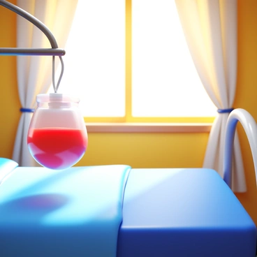 A close-up of a "blood bag" hanging from a stand beside a "hospital bed." The blood bag is clear with a red liquid inside. In the background, there is a "sunny window" with bright light streaming through. The window has white curtains that flutter slightly in the breeze. Sunlight casts soft shadows on the bed linens, creating a warm atmosphere in the room. The scene conveys a sense of care and hope.