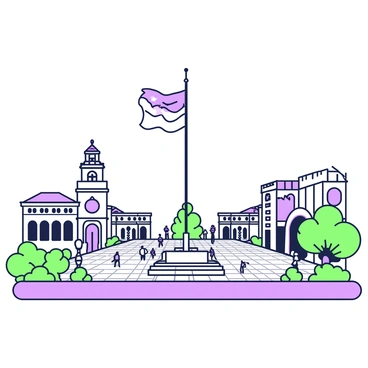 Merdeka Square features a large open space surrounded by colonial architecture. In the center, a tall flagpole stands proudly displaying the "Malaysian flag," which is fluttering in the wind. Surrounding the square, several historical buildings with intricate designs are visible, including a clock tower and a museum. The ground is paved with stone tiles, and people can be seen walking, enjoying the view of the square and the architectural details. Lush greenery is present in the form of trees and decorative plants lining the edges of the square.