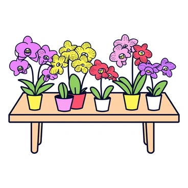 A table is covered with a variety of exotic orchids, each showcasing unique colors and patterns. The orchids include vivid shades of purple, bright yellow, deep red, and soft pink. Some flowers have intricate markings and spots, while others display delicate stripes and ruffled edges. The table surface is a light wooden texture, and the orchids are arranged in small ceramic pots in varying shapes and sizes.