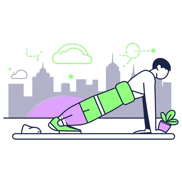 A person is performing push-ups on a rooftop, positioned on a flat surface. The individual has short hair and is dressed in athletic gear. Below, the city skyline is visible, featuring several tall buildings with varied architectures. The sky is illuminated in the early morning light, showcasing a transition from dark to bright. The rooftop has a low wall along its edge, and a few potted plants are placed nearby, adding detail to the scene. The person’s determination is evident as they focus on their workout.