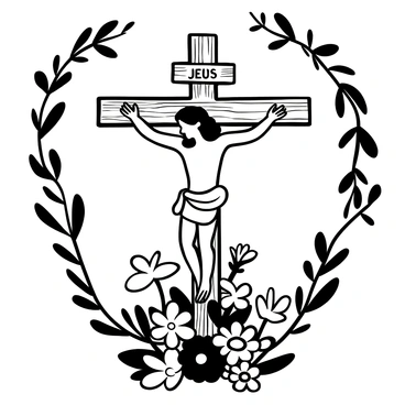 A depiction of "Jesus on the cross" surrounded by various "vibrant flowers" such as roses, lilies, and daisies. The flowers are intertwined around the cross, adding intricate details to the scene. The cross itself is wooden and shows texture, with shadows emphasizing its form. The background includes leafy vines that frame the image, enhancing the overall composition.