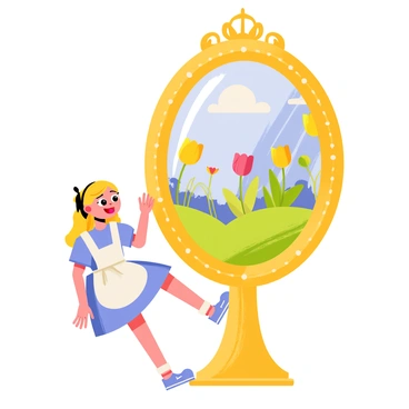 Alice is depicted as a young girl with blonde hair wearing a light blue dress and a white apron. She stands in front of a large, ornate looking glass with intricate golden designs and a beautifully carved frame. The glass reflects a vibrant and colorful landscape of Wonderland, featuring oversized flowers, swirling trees, and fantastical creatures peeking out from behind. Alice has one foot partially through the glass, her expression one of curiosity and excitement as she prepares to step into the enchanting world beyond.