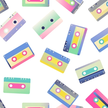 A retro-inspired wallpaper design features a repeating pattern of vintage cassette tapes in various colors. The cassette tapes are adorned with bright neon accents in shades of pink, green, and blue. The background of the wallpaper is a soft gradient that transitions smoothly between pastel colors, enhancing the vibrant appearance of the tapes. Some cassette tapes are oriented sideways, while others face forward, creating a playful, dynamic layout. The overall composition is lively and nostalgic, capturing the essence of retro music culture.