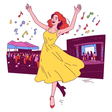 A red-haired woman wearing a vibrant yellow dress is dancing joyfully at an outdoor concert. She has a wide smile on her face, and her arms are gracefully raised as she moves. Around her, colorful music notes are floating in the air, creating a lively atmosphere. In the background, a crowd of people is enjoying the performance, and the stage is illuminated with bright lights. The scene captures a sense of energy and celebration.