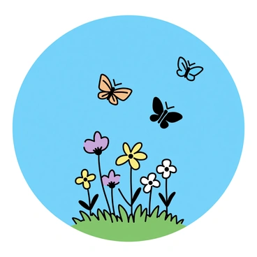 A small patch of wildflowers, featuring a variety of colors including yellow, purple, and white. The flowers are scattered across a green grassy area. Above the flowers, several butterflies are fluttering, showing different patterns on their wings, such as orange, black, and blue. The background is a clear blue sky, providing a vibrant contrast to the scene below.