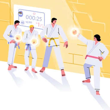 A character in a digital dojo is engaged in training with three holographic opponents. The character is wearing a traditional martial arts gi, complete with a colored belt that signifies their level. Each holographic opponent has a glowing outline, displaying a variety of striking poses. The dojo features wooden paneling along the walls and a digital display screen showing a timer. The floor has a smooth, reflective surface, enhancing the futuristic atmosphere. The lighting is bright and focused, creating a clear view of the training scene.