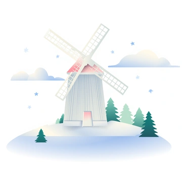 A tall windmill with a white wooden structure stands prominently in the foreground, its blades partially covered in a thick layer of snow. The snow has blanketed the surrounding ground, creating a smooth, white surface that reflects the soft light. Gentle snowflakes are falling from a cloudy grey sky, slowly drifting down around the windmill. In the background, there are patches of evergreen trees, their branches also adorned with a coat of fresh snow, adding to the serene wintry landscape. The scene captures the quiet beauty of a snowy day.